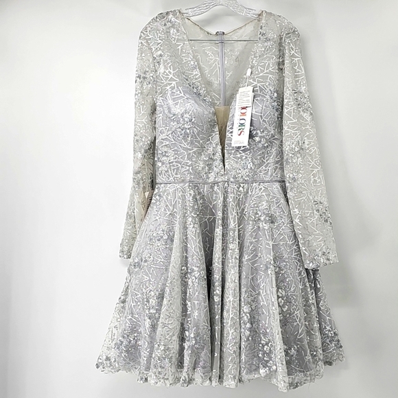 COLORS Silver Sequin Corsette Top Deep V-neck Tulle Slip Fit & Flare Dress Sz:14 - Picture 16 of 17